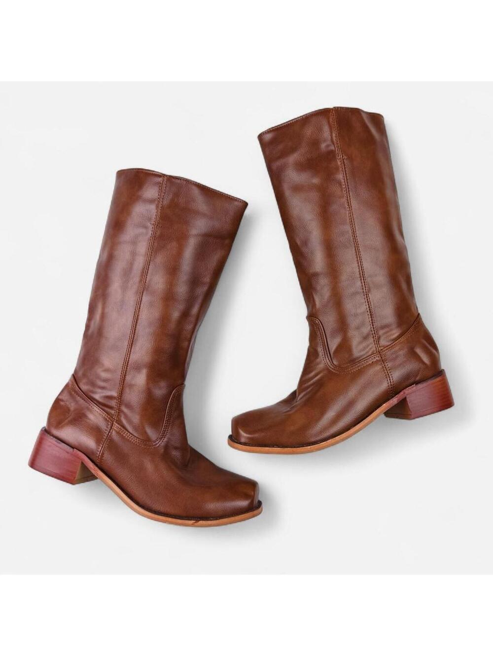 Cognac Brown Square Toe Knee High Riding Boots